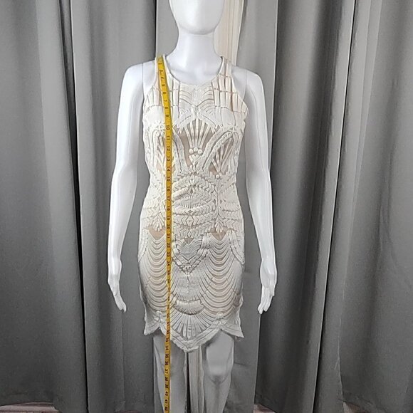 Tea & Cup Cream Bodycon Fitted & Lined Cotton Mini Dress. Size Small - Picture 7 of 13